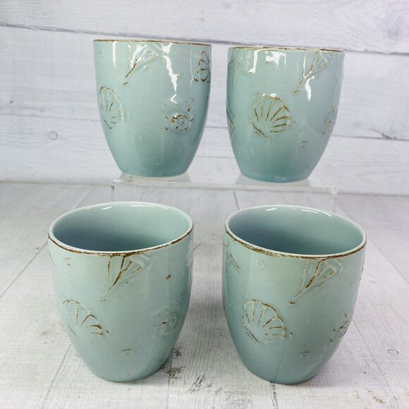 Thomson Pottery CAPE COD Embossed Seashells Stoneware 10.5oz 4"T Cups Mugs Set 4 - Picture 4 of 16